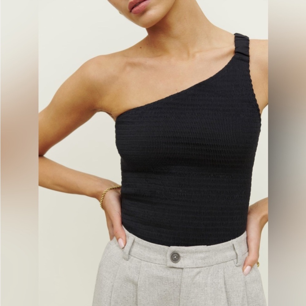 Reformation Women's Top Smocked Linen Ruched Straps Holly One Shoulder S Black